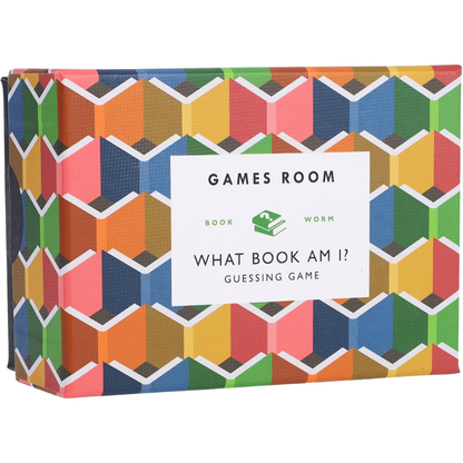 Games Room: What Book Am I? Guessing Game book box featuring a colorful geometric book-patterned cover with a white label in the center.