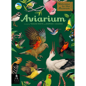 Front cover of the Big Pic Guide book 'Avianarium' featuring a dark green background covered with colorful illustrated birds, including a white stork, a red-capped woodpecker, a yellow-and-black bird, and a pink-and-black parrot. Visible text includes 'Welcome to the Museum,' 'ASPS,' and 'Big Pic Guide.