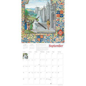 A September wall calendar page featuring a large medieval illustration with a castle, a figure carrying a cross, and ornate decorative borders, plus a small monthly calendar grid below with the month name September in red.