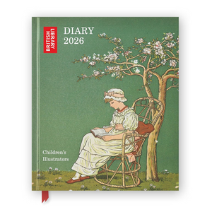Diary cover with Children's llustration of a woman reading under a tree, featuring the British Library logo.