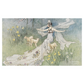 Artistic illustration of a woman in a flowing dress with sheep and flowers in a pastoral setting