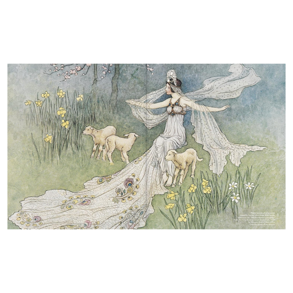 Artistic illustration of a woman in a flowing dress with sheep and flowers in a pastoral setting