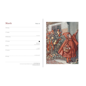 Calendar page with an illustration of Little Red Riding Hood, and March detail