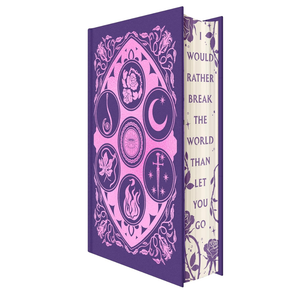 A hardcover journal with a purple and pink occult-themed cover, featuring symbols like a crescent moon, star, and flame, and a cream-colored inner page with purple text.