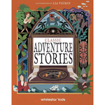 Front cover of the children's book 'Classic Adventure Stories' by Lia Visirin, published by whitestar kids. The cover features a warm orange border framing a detailed, vintage-style illustration of various global and historical adventures, including a pirate ship, a jungle scene, and a wizard.