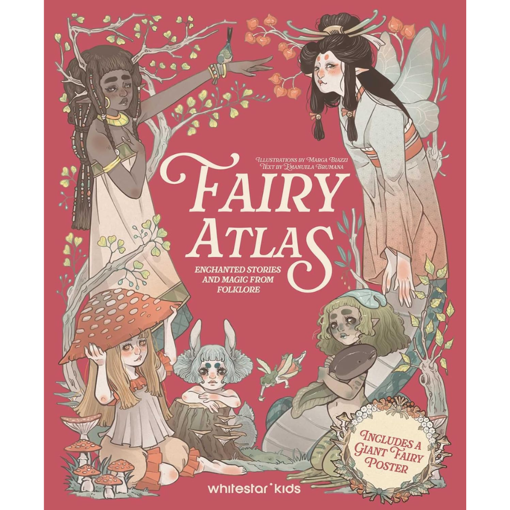 Fairy Atlas children's book cover featuring whimsical illustrated fairy characters, mushrooms, and large decorative title text on a dusty pink background. A badge at the bottom right says it includes a giant fairy poster.