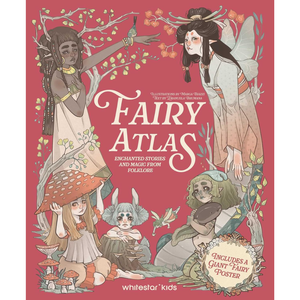 Fairy Atlas children's book cover featuring whimsical illustrated fairy characters, mushrooms, and large decorative title text on a dusty pink background. A badge at the bottom right says it includes a giant fairy poster.