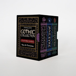 A boxed card game set labeled 'Literary Suits Gothic Collection Playing Cards' with three slim card decks standing behind the box. The box and deck spines are predominantly black with ornate gold detailing and multicolored title accents for different gothic themes.