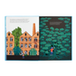 Illustrated book open to two pages showing a building and a forest.