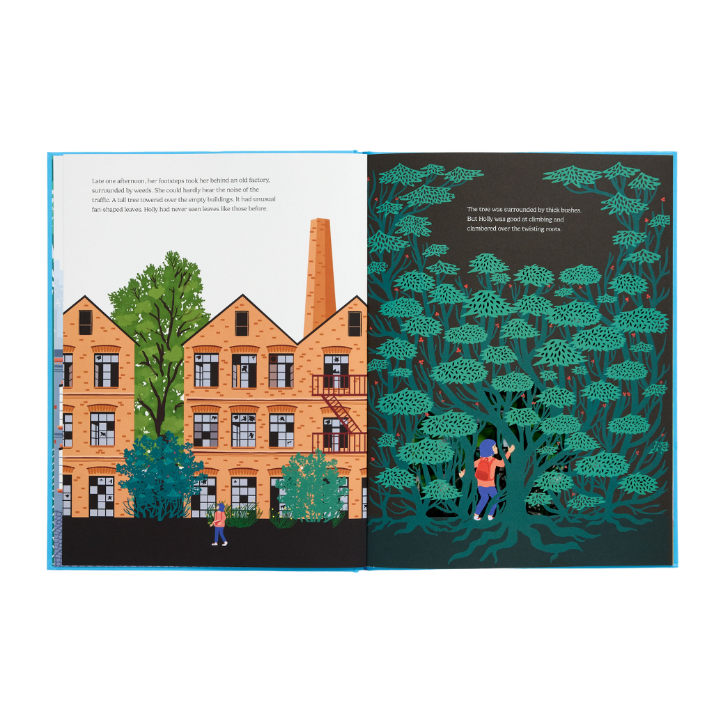 Illustrated book open to two pages showing a building and a forest.