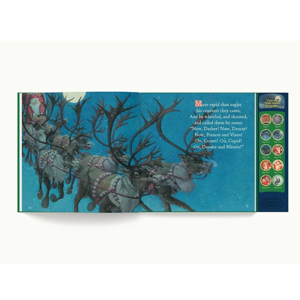 Illustration of Santa Claus in a sleigh pulled by reindeer against a blue background with text.