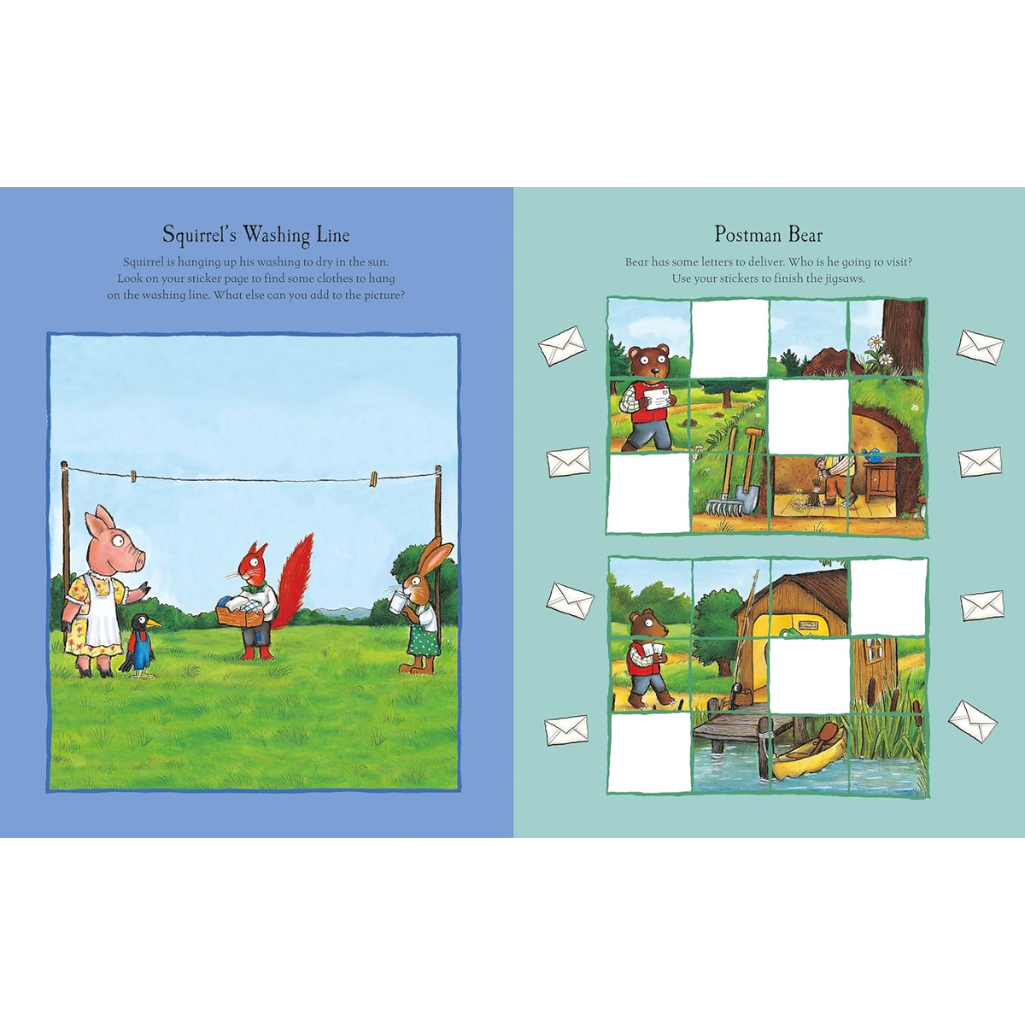 Illustrated book pages with scenes of a squirrel on a washing line and a postman bear, featuring cut-out pieces for children to assemble.