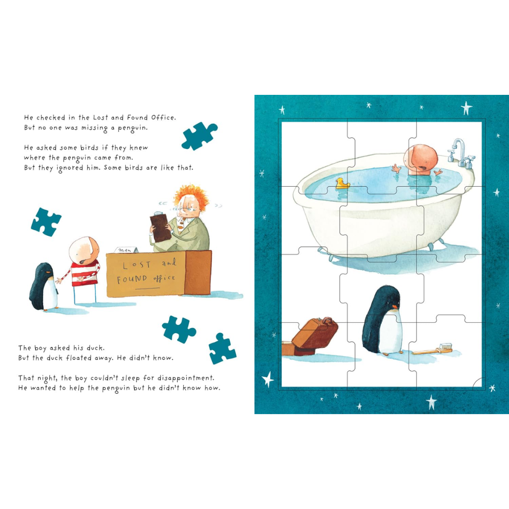 Illustrated book page with a puzzle featuring a boy and penguins near a bathtub.