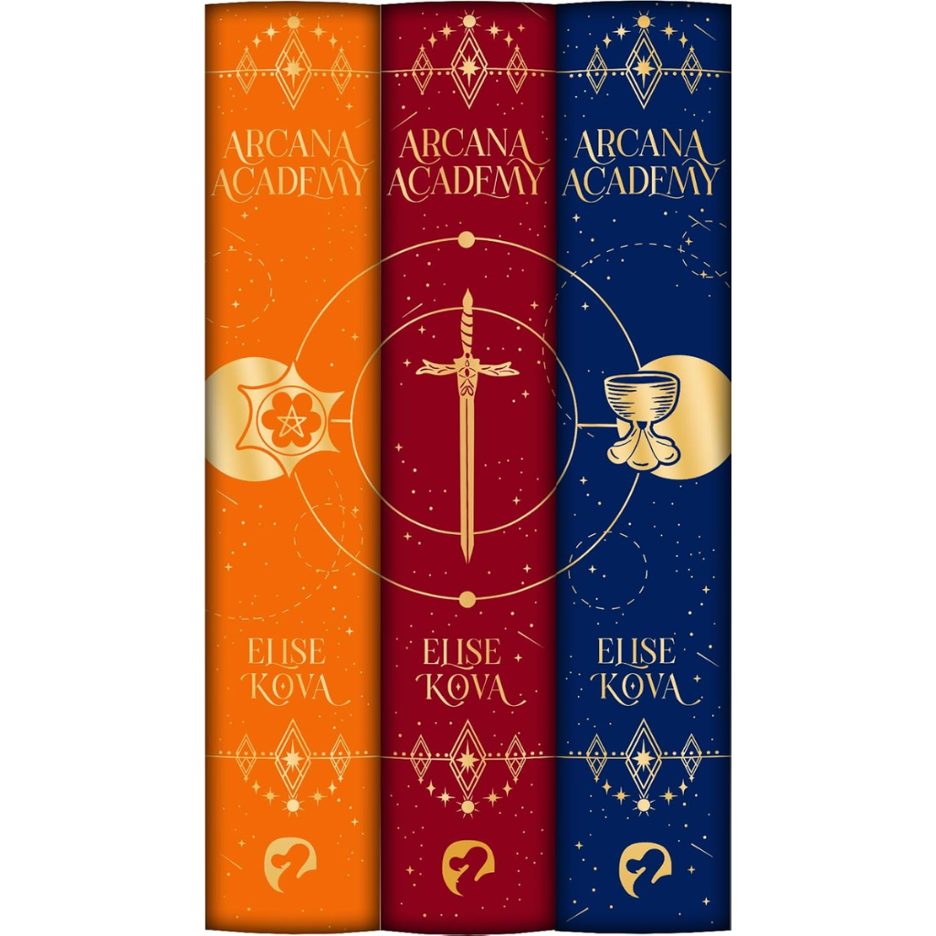 Three books from 'Arcana Academy' series by Elise Kova with colorful covers and symbols.