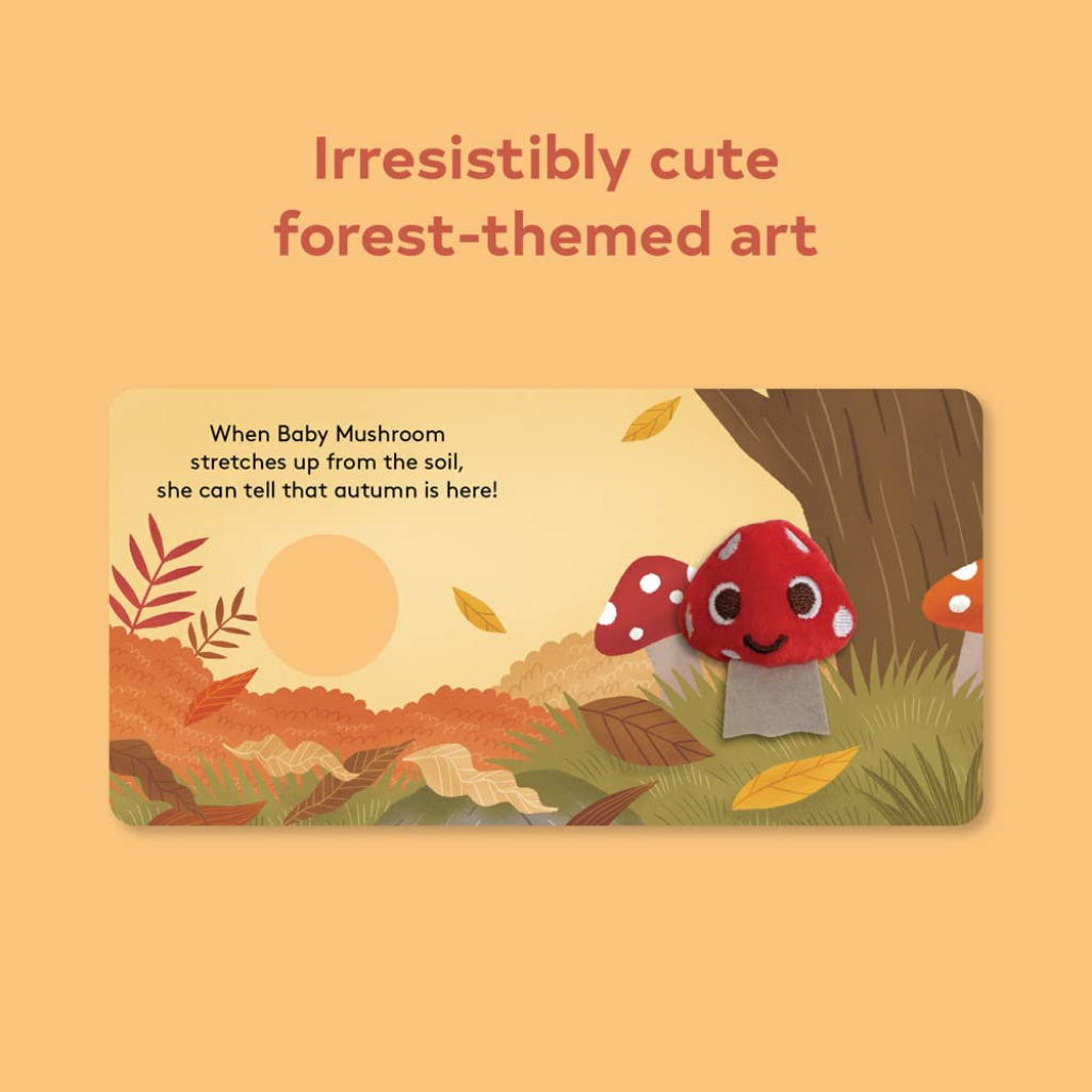 Forest-themed art with a red mushroom character on an orange background