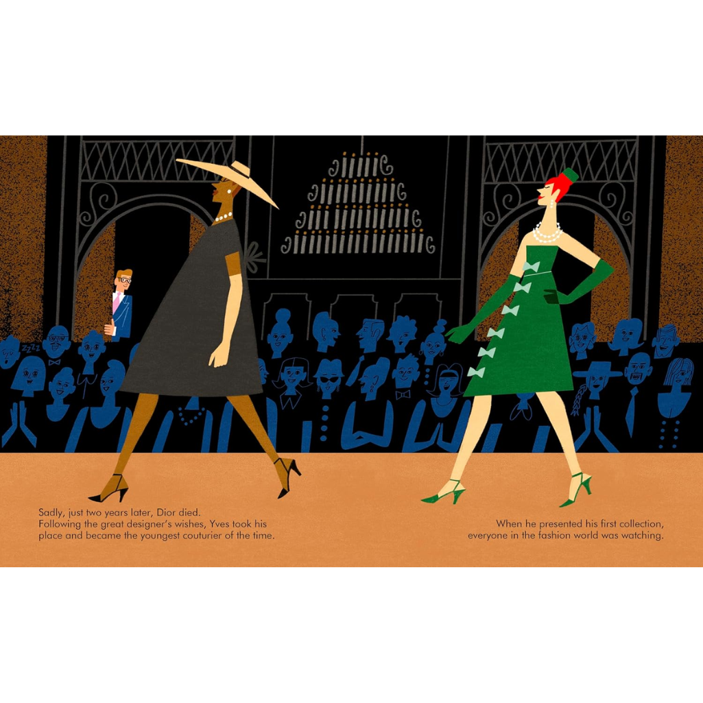 Illustration of two women walking on a runway with a crowd watching, set against a blackboard with text.