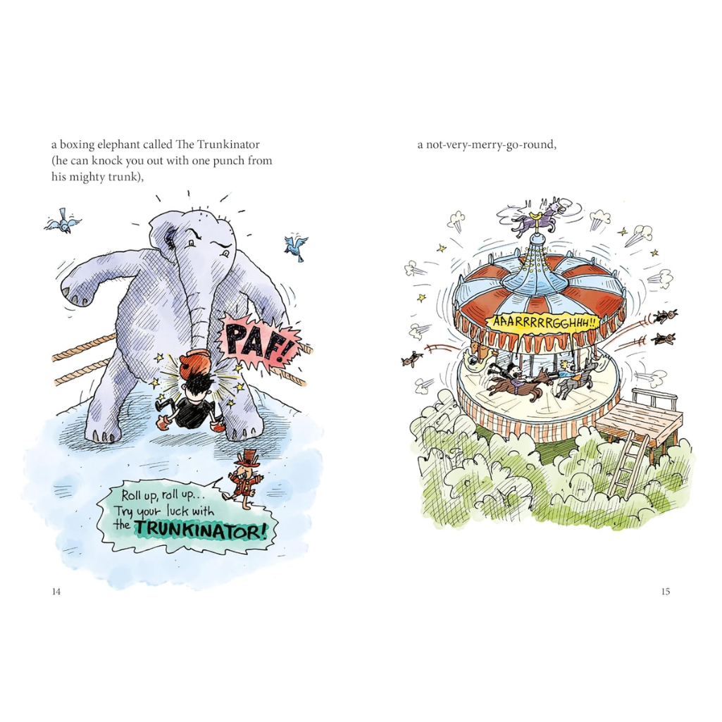 Illustrated pages from a children's book with an elephant and merry-go-round.