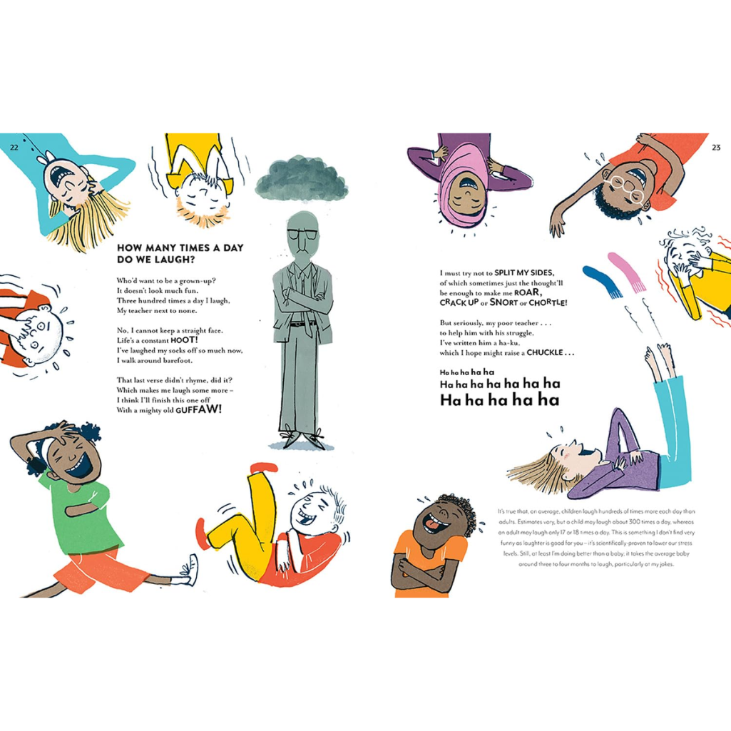 Illustrated page from a book with various characters and text on a white background