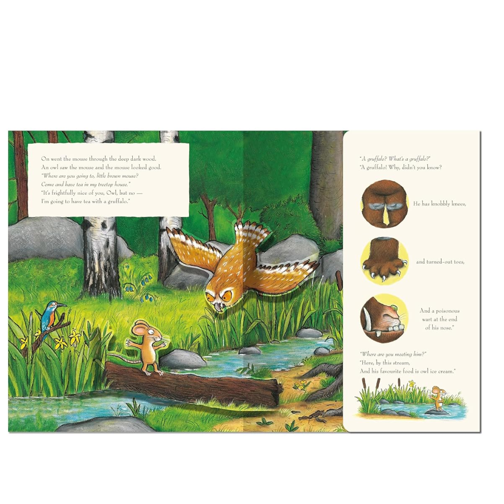 Illustrated children's book page with an owl and mouse in a forest setting
