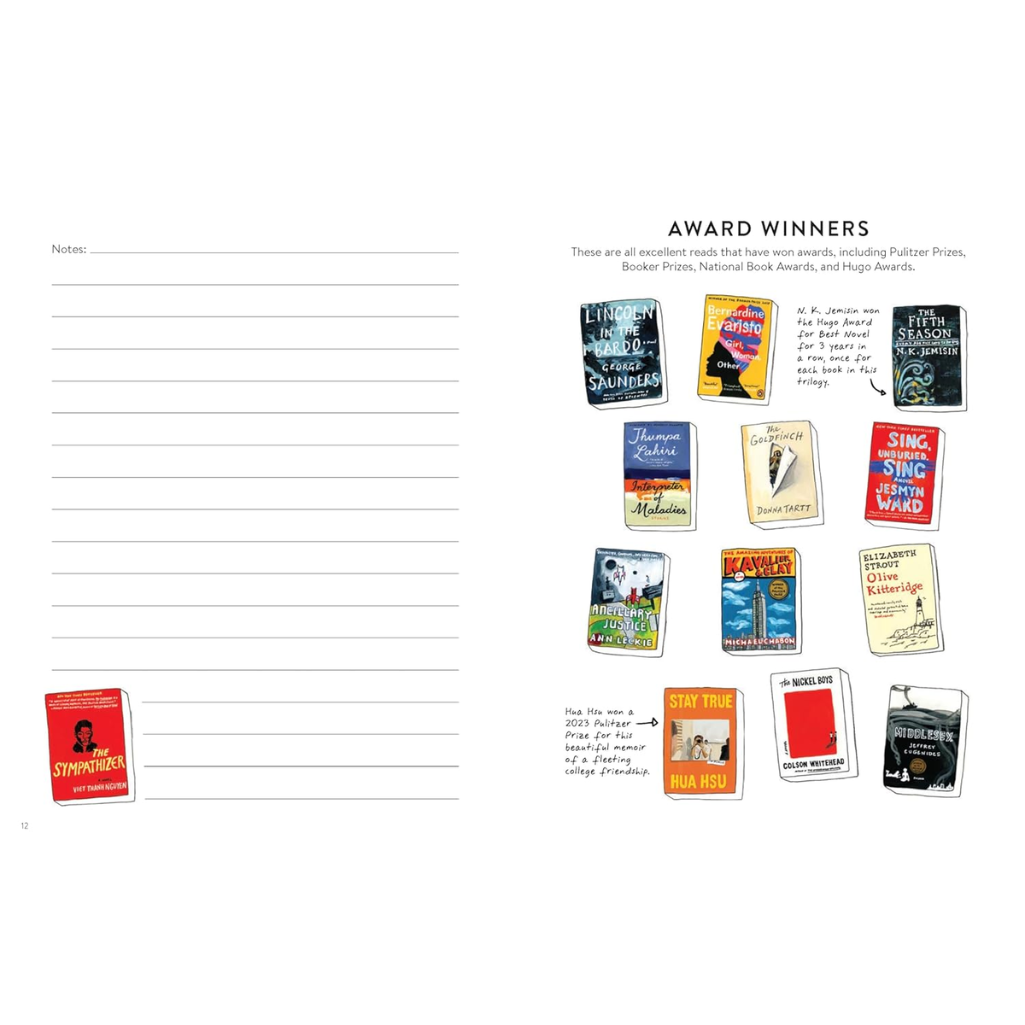 Collection of book covers on a white background with text about award winners.
