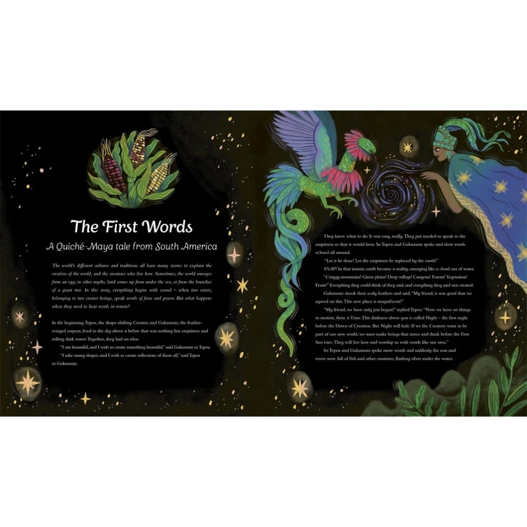 Illustrated book page with colorful dragons and text on a dark background