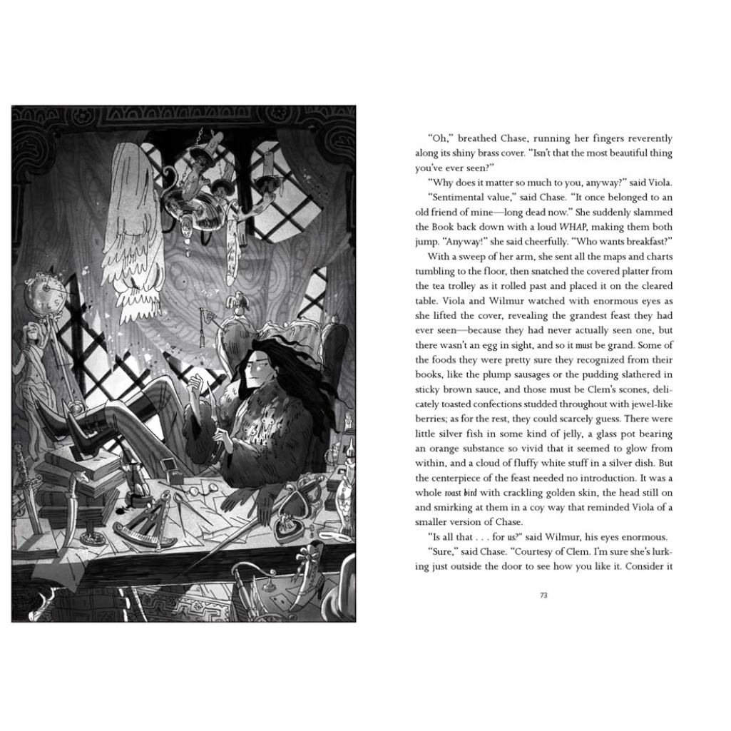 Illustrated book page with a character interacting with a large creature, accompanied by text on the right.