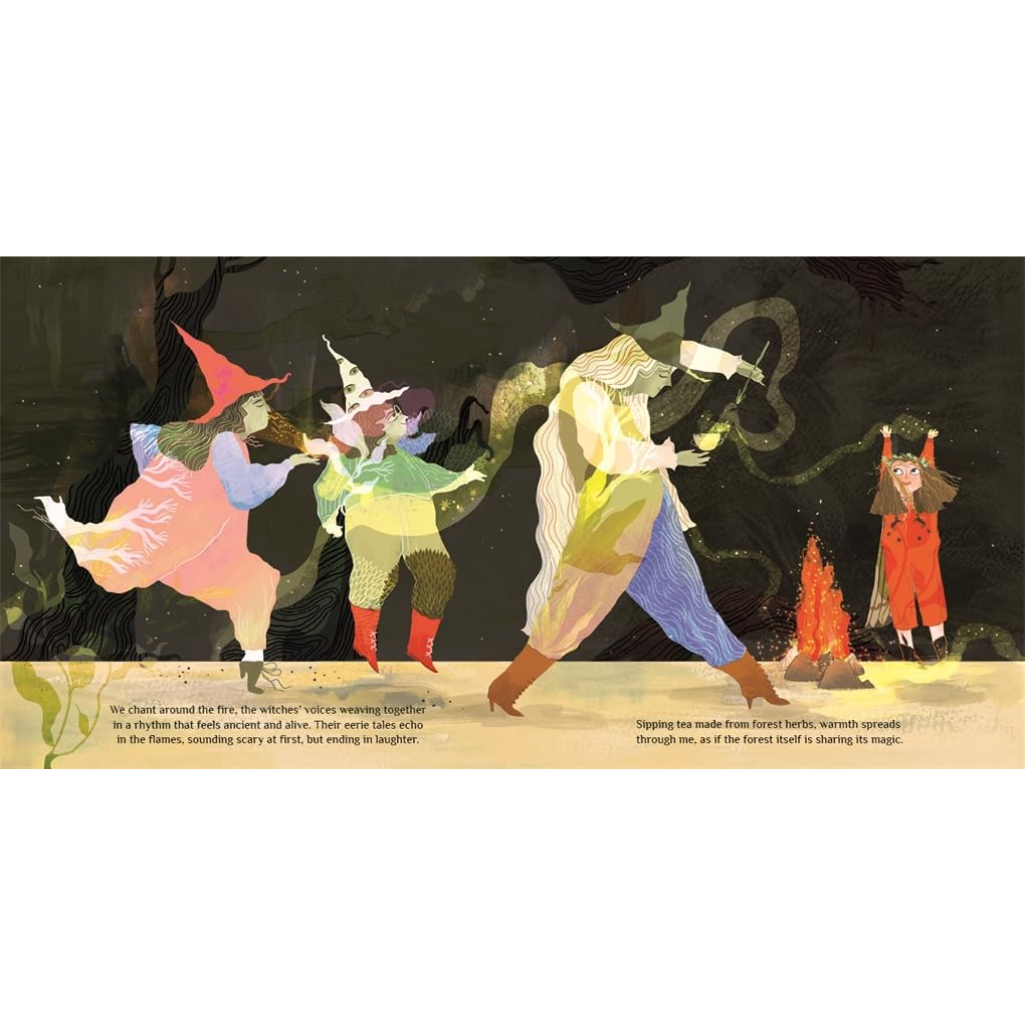 Illustration of four characters around a campfire with a dark background