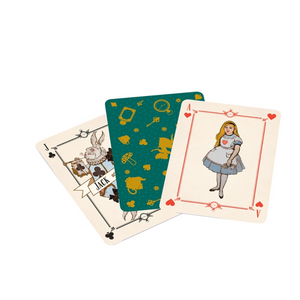 Three playing cards featuring different characters on a white background