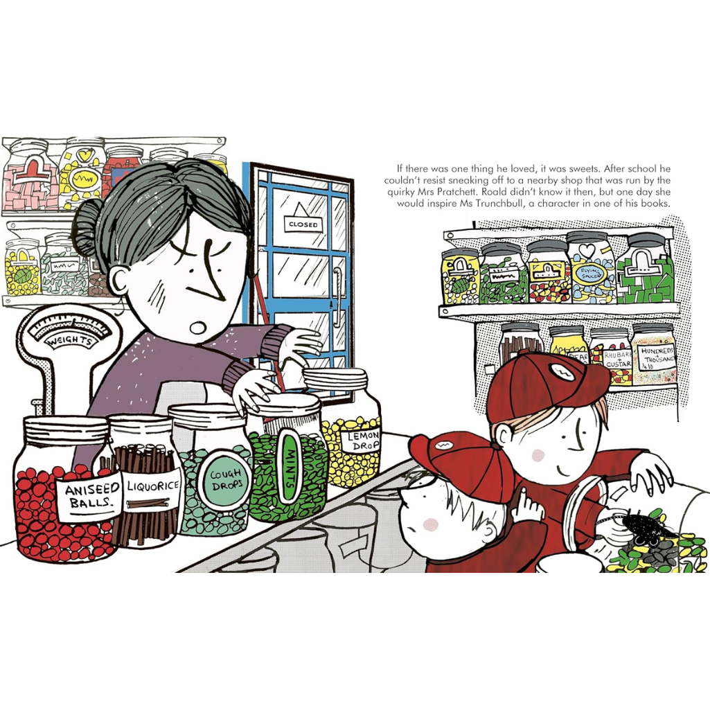 Illustration of a child and a woman in a sweet shop with jars of candy.