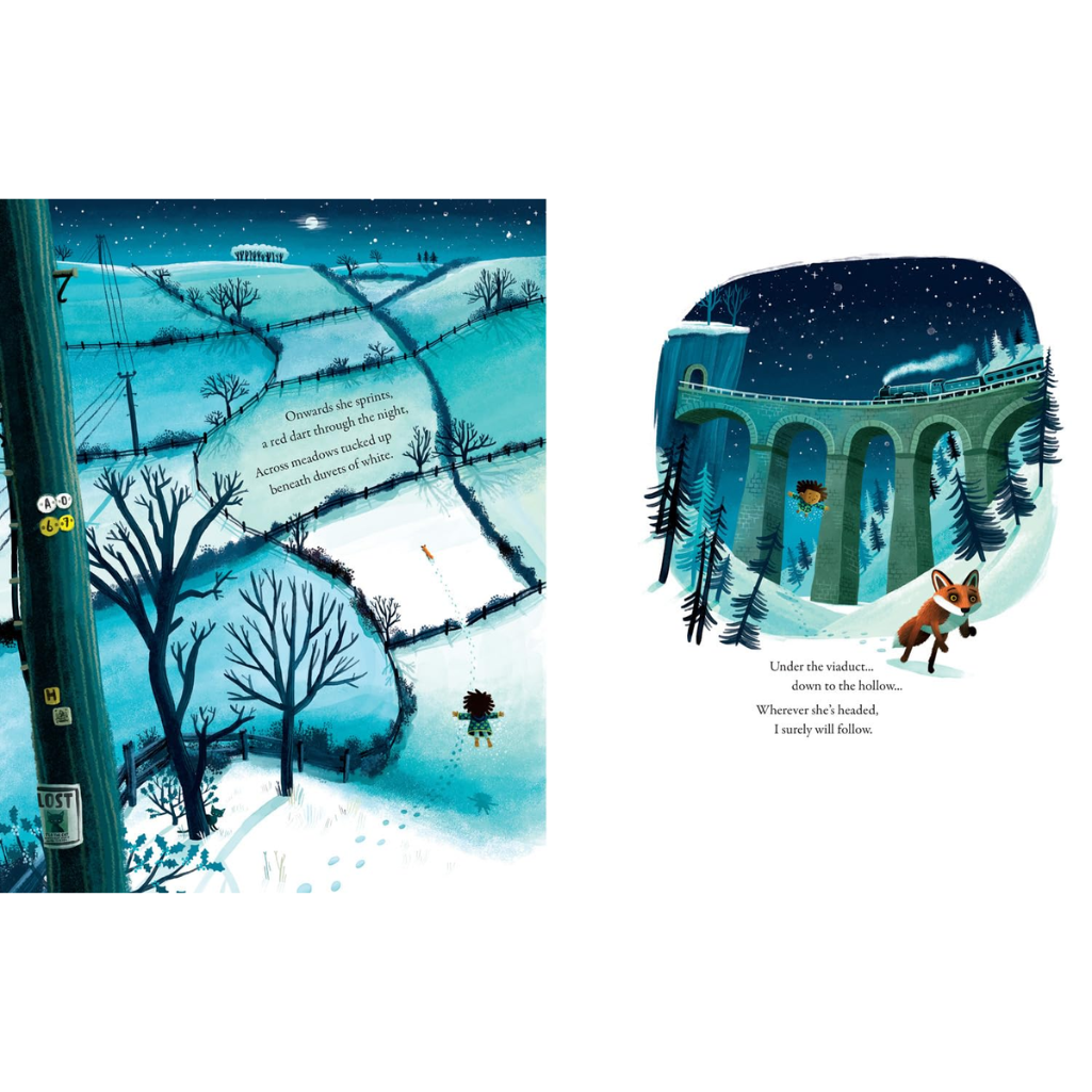 Illustrated winter scene with a bridge and trees, featuring text.