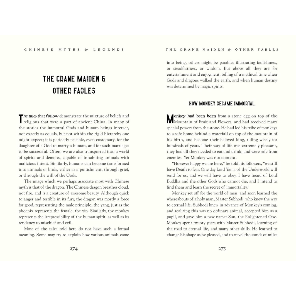 Book pages with text on Chinese myths and legends, featuring the Crane Maiden and other fables.