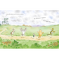 Illustration of Winnie the Pooh and friends running together with text on a green landscape.