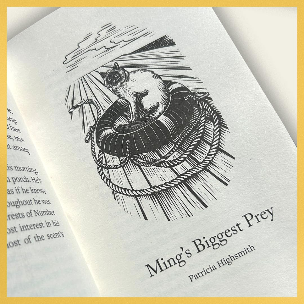 Illustration of a cat and snake on an open book with 'Ming's Biggest Prey' by Patricia Highsmith.