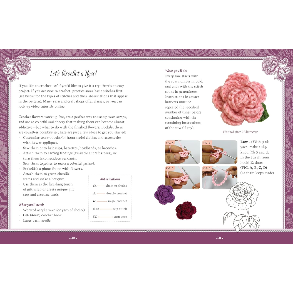 Page from a crochet book showing instructions to crochet a rose with text and illustrations.
