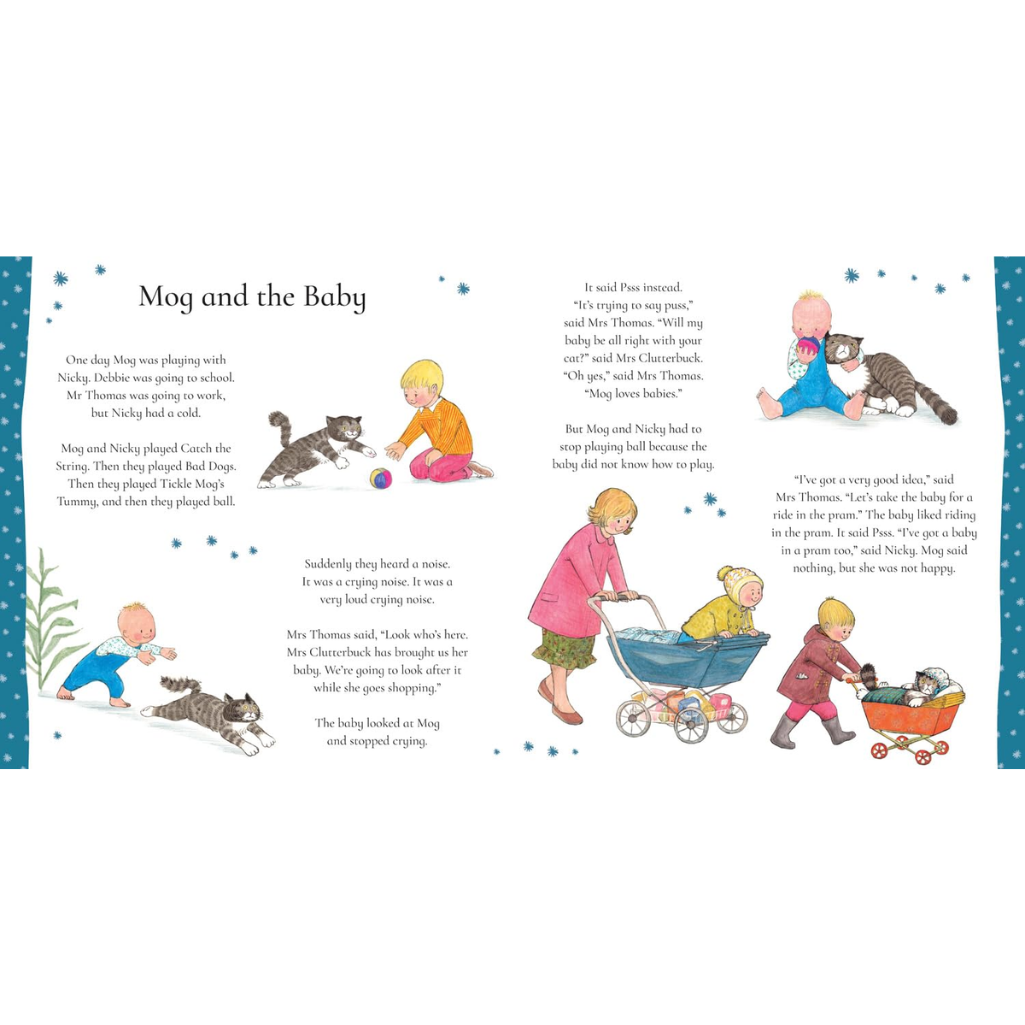 Illustrated book page from 'Mog the Dog' showing Mog and the Baby with text and illustrations.