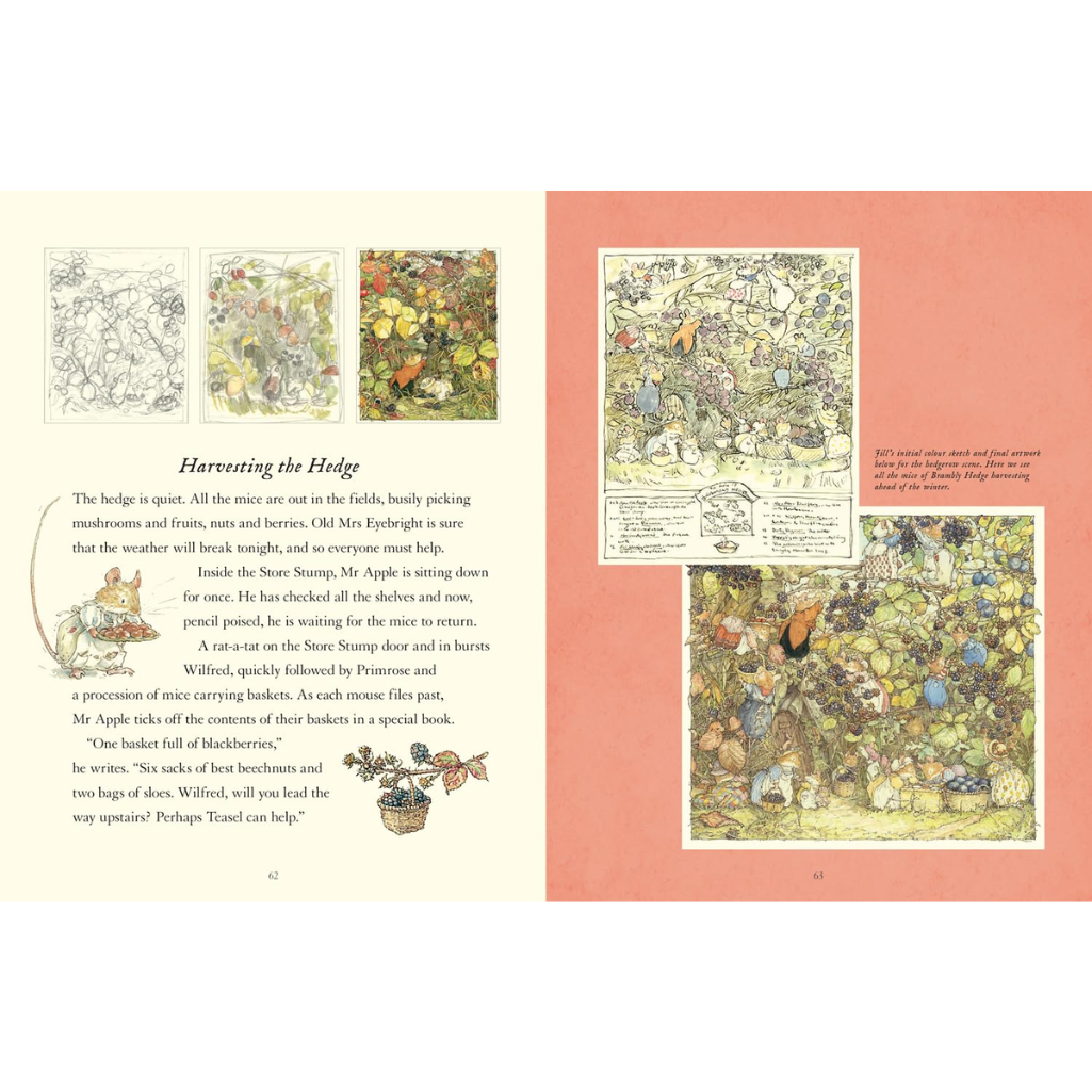 Illustrated book pages with colorful illustrations and text on a white background