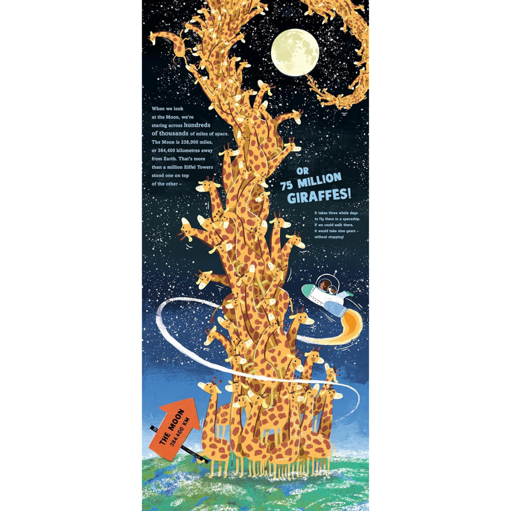 Illustration of a stack of giraffes reaching towards the moon with text about their height.