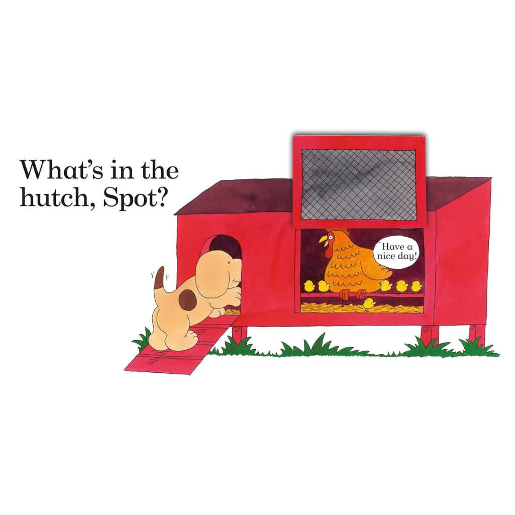 Illustration of a dog looking into a red chicken coop with a duck inside, and text 'What's in the hutch, Spot?'