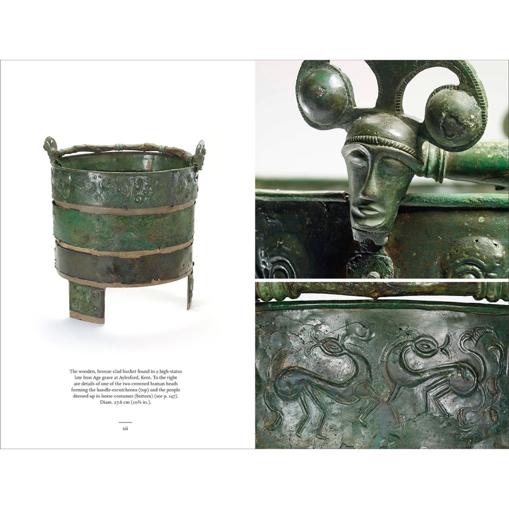 Collage of ancient bronze artifacts with detailed engravings on a white background