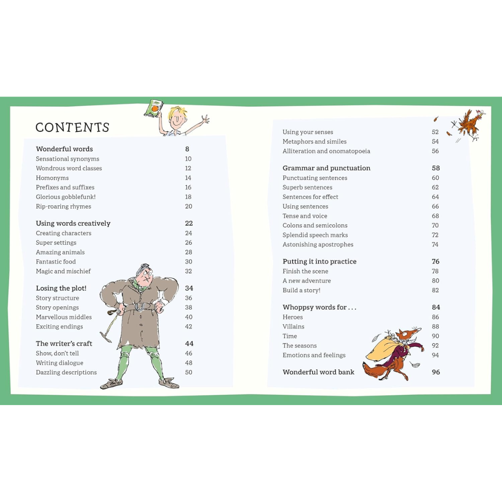 Table of contents from a book on writing with illustrations and text.