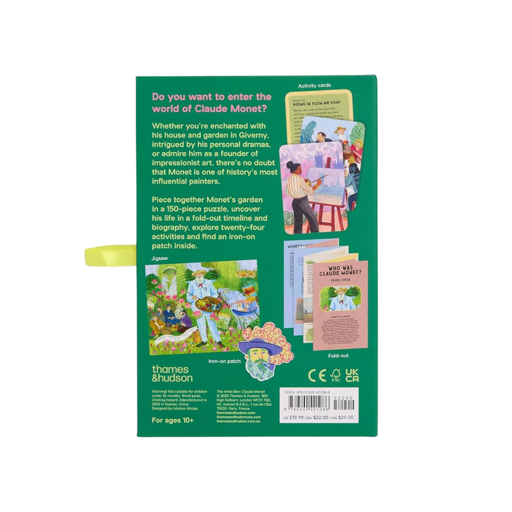 Back cover of a book or packaging with text and images related to a Claude Monet-themed product.