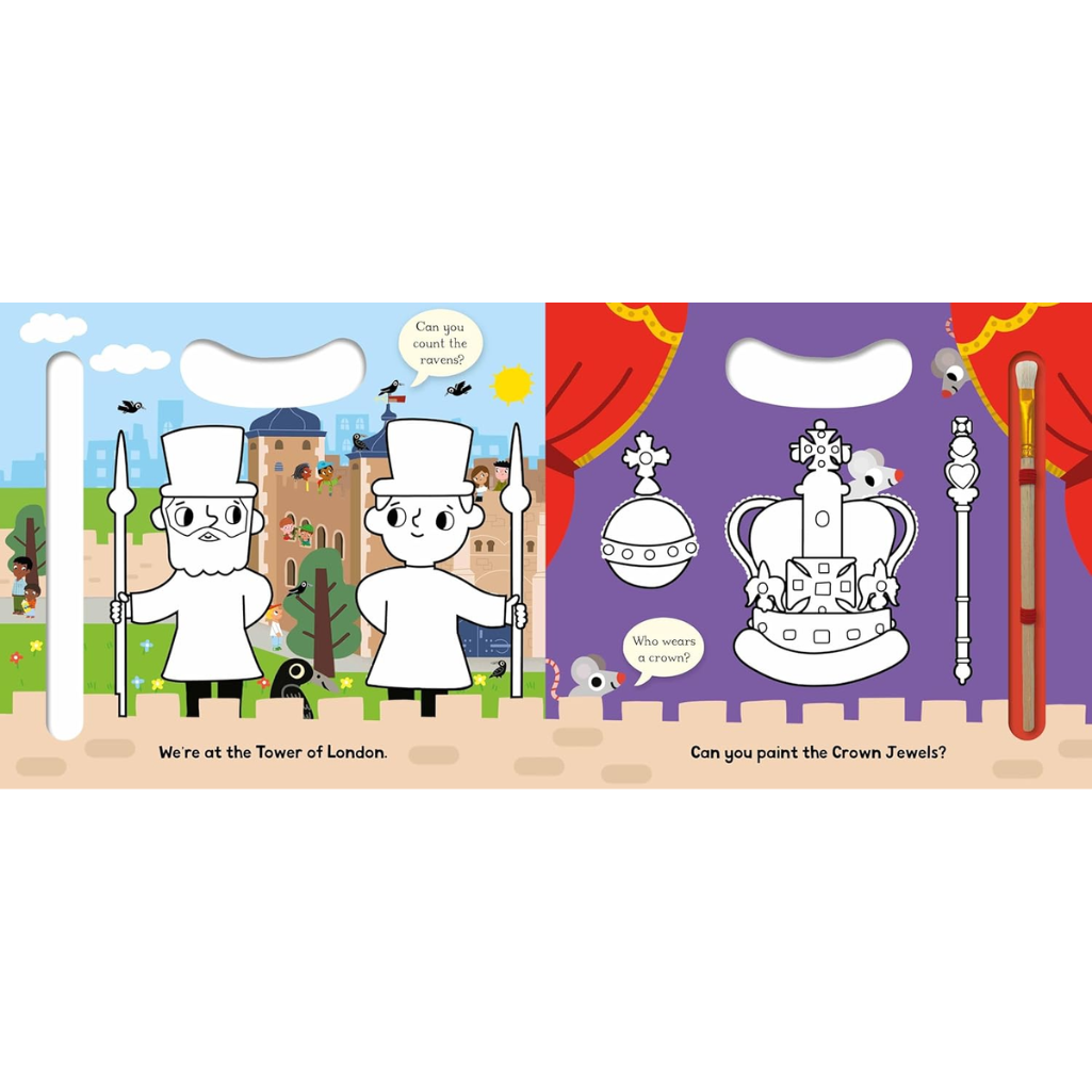 Children's book page with illustrations of a chef, castle, and Crown Jewels at the Tower of London.