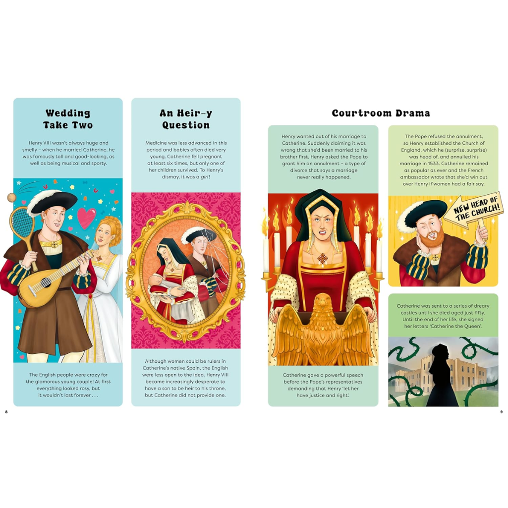 Illustrated book or comic page with historical scenes and characters, including a wedding, an heir's question, and courtroom drama.