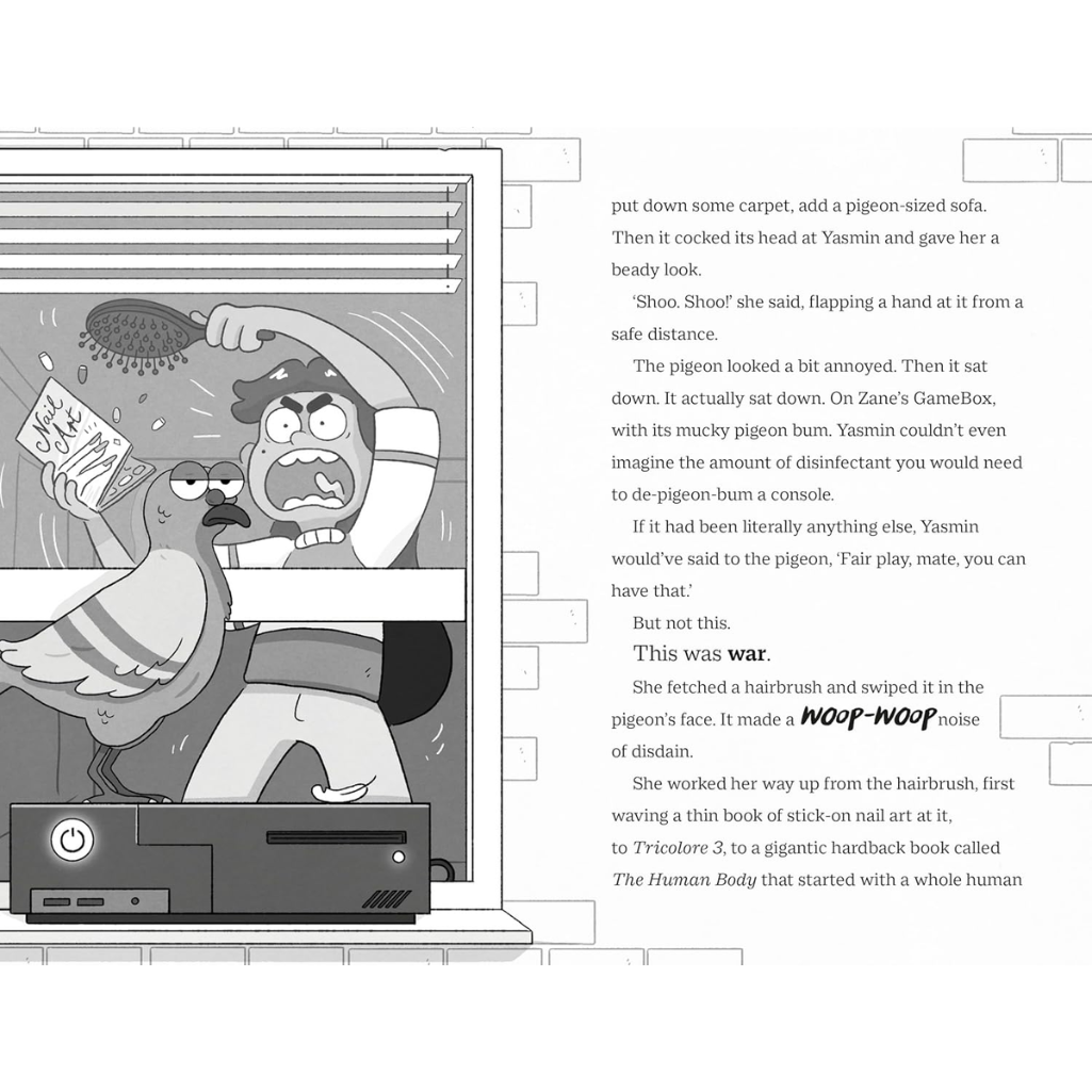 Cartoon-style illustration of a pigeon interacting with a person and a computer monitor.