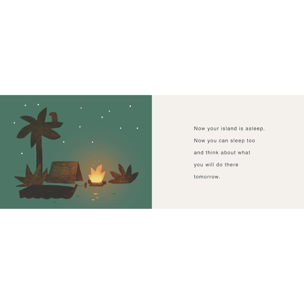 Illustration of a tropical island at night with a palm tree, hut, and campfire, accompanied by text.