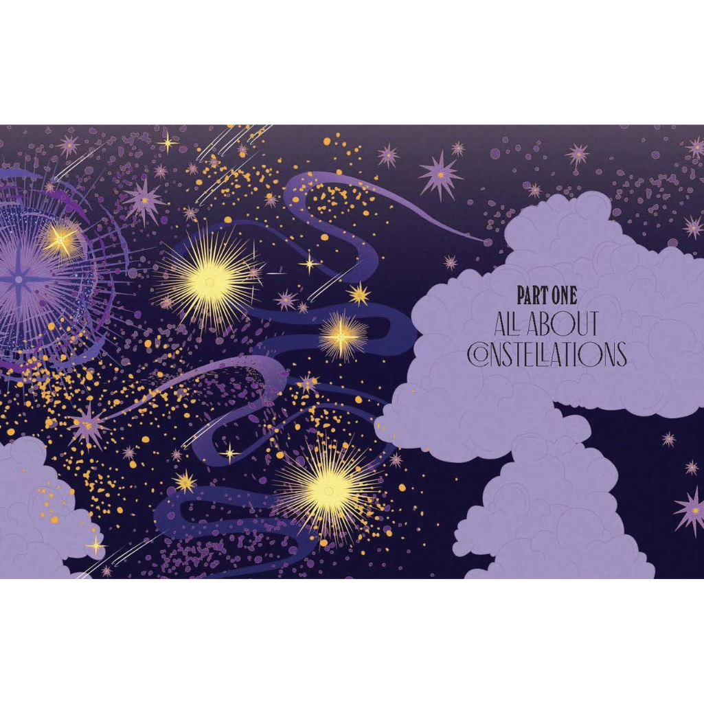 Cover of a book titled 'All About Constellations' with starry night design and cloud illustration.
