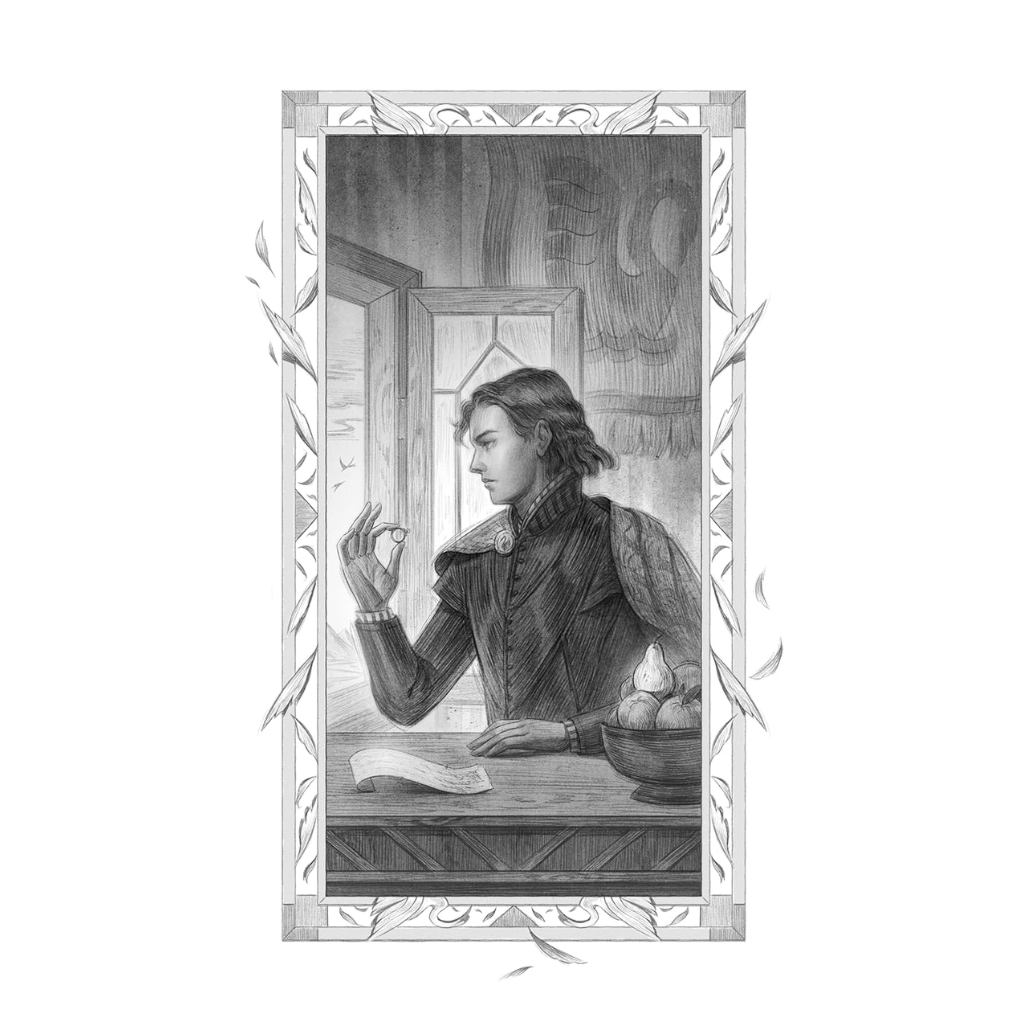 Black and white illustration of a person sitting at a desk with a decorative frame.
