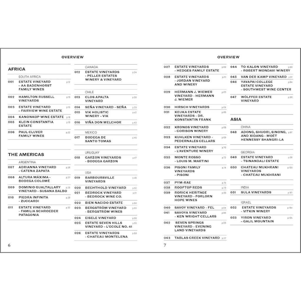 Table with wine vineyard names and locations on a white background