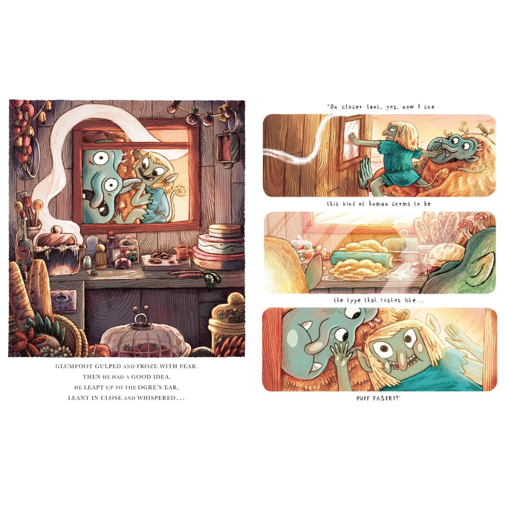 Illustrated book page with characters and a window view