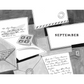 Black and white illustration of letters, envelopes, and a card with 'September' on a textured background.
